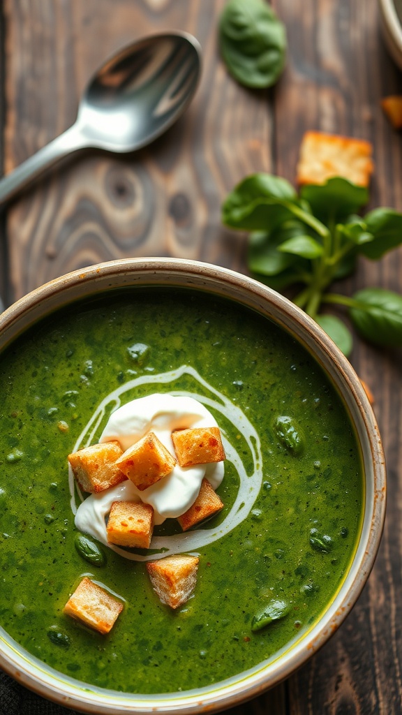 A bowl of creamy spinach soup with sour cream and croutons on a wooden table.